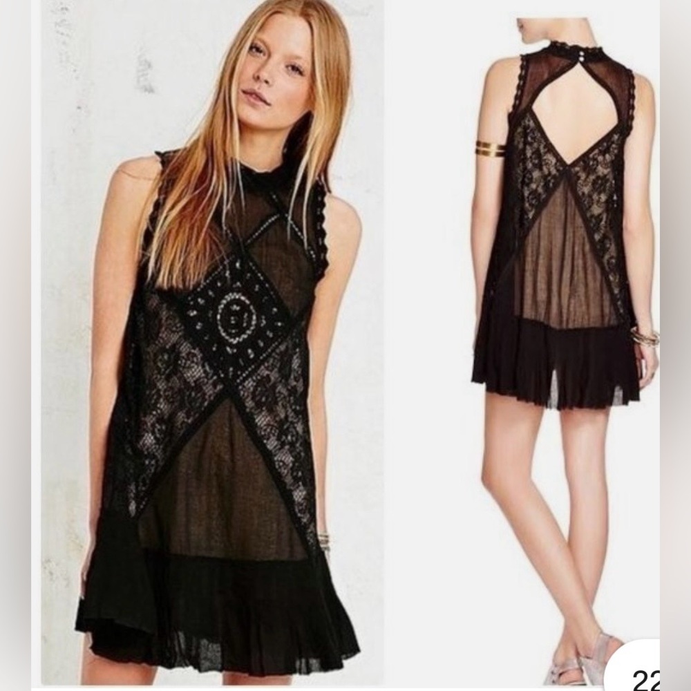 Free People XS Angel Mini Dress Sheer Black Gauze Cotton Boho Crochet Lace